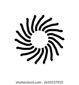 Circular rotating swirl of curved black shapes forming dynamic spiral. Great for tech, logo, motion, or abstract graphic themes.