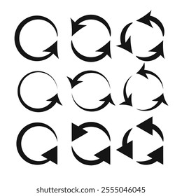 Circular rotation loading elements, redo process, symbols of recycling or loading.