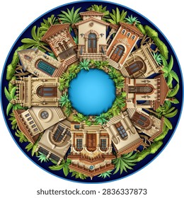 Circular round frame of luxury mediterranean mansions and villas with palm trees and tropical garden in paper cut style. Vector 3D mandala architectural design.
