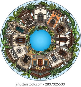 Circular round frame of luxury mediterranean mansions and villas with palm trees and tropical garden. Vector colorful mandala architectural design with pond.
