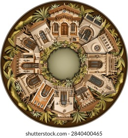 Circular round frame of luxury mediterranean mansions and villas with palm trees and garden in sepia paper cut style. Vector 3D monochrome brown architectural mandala.