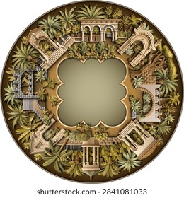 Circular round frame of luxury mediterranean mansions and villas with palm trees and garden in sepia paper cut style. Vector 3D monochrome brown architectural mandala.