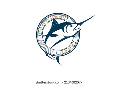 Circular Round Jumping Marlin Sword Fish Badge Emblem Label for Angler Club Logo Design Vector