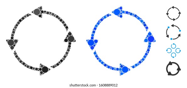 Circular route mosaic of small circles in variable sizes and color hues, based on circular route icon. Vector small circles are grouped into blue illustration.