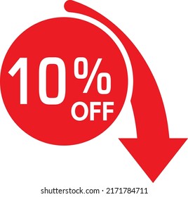Circular sale tag  with down arrow shape with different discount set. 10 percent price reduction, red sticker