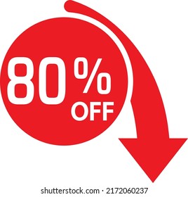 Etiqueta de venta circular con forma de flecha hacia abajo con diferente juego de descuento. reducción de precios del 80%, pegatina roja