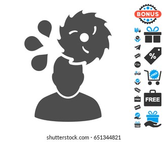 Circular Saw Accident gray icon with free bonus pictograms. Vector illustration style is flat iconic symbols.