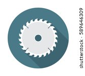 Circular saw blade circle icon with long shadow. Flat design style. Saw blade simple silhouette. Modern, minimalist, round icon in stylish colors. Web site page and mobile app design vector element.