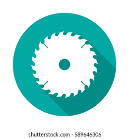 Circular saw blade circle icon with long shadow. Flat design style. Saw blade simple silhouette. Modern, minimalist, round icon in stylish colors. Web site page and mobile app design vector element.