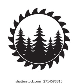 Un diseño de hoja de sierra circular con una silueta de bosque dentro de su centro