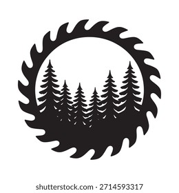 Circular saw blade design featuring a scenic forest silhouette inside