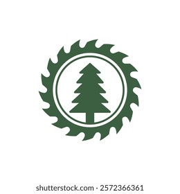 A circular saw blade and green tree. Vector logo and icon with sawblade. 