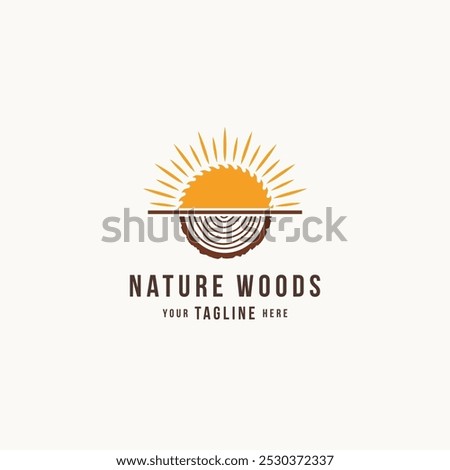 Circular saw blade with half circle wood and a shining bright sun logo combination design concept