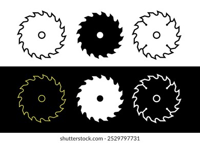 Symbol für Kreissägeblatt. Konstruktion, Sägewerkssymbol. Elektrowerkzeug zum Schneiden von Holz. Flache Metallscheibe mit Zähnen.
