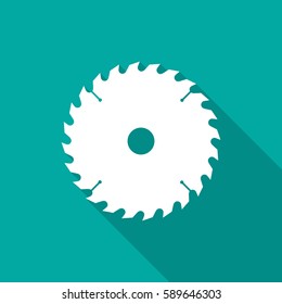 Circular saw blade icon with long shadow. Flat design style. Saw blade simple silhouette. Modern, minimalist icon in stylish colors. Web site page and mobile app design vector element.