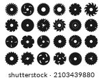 Circular saw blade icons. Silhouette of metal disc for woodwork. Round carpentry tool. Industrial rotary wheels. Construction equipment. Cutting instrument. Vector sawmill symbols set
