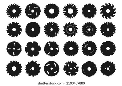 Circular saw blade icons. Silhouette of metal disc for woodwork. Round carpentry tool. Industrial rotary wheels. Construction equipment. Cutting instrument. Vector sawmill symbols set