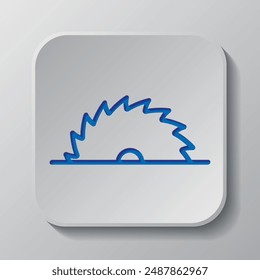 Circular saw blade logo simple icon vector. Flat design. Paper cut design. Cutted blue symbol with shadow. Gray badge button, gray background.ai