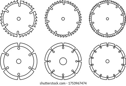 Circular saw blade. Power tools. Thin line icons