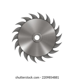 Hoja circular de sierra. Disco de metal redondo realista con dientes afilados para aserrar troncos y maderas aserradas girando alrededor de la bahía. 3.ª ilustración vectorial