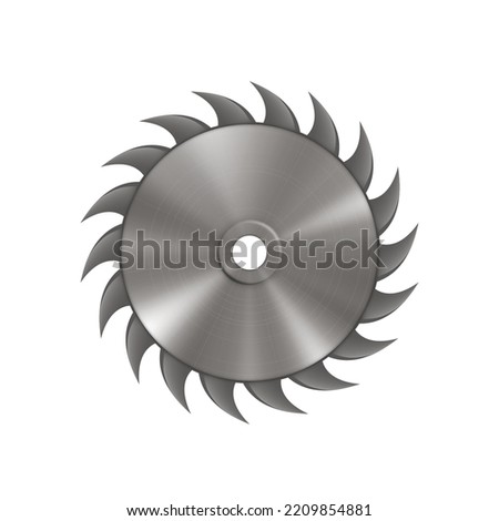 Circular saw blade. Realistic round metal disk with sharp teeth for sawing logs and sawn timber spinning around arbor. 3d vector illustration