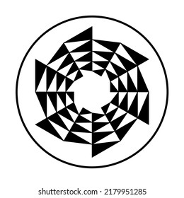 Circular saw blade shaped, triangle pattern in a circle. Black triangles forming a circular saw blade, moving clockwise, as symbol for change. Modeled on a crop circle pattern found at Barbury Castle. svg