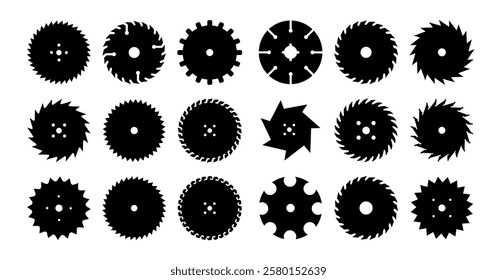 Circular saw blade. Silhouette of metal disc for woodwork. Round carpentry tool icons. Industrial rotary wheels.Vector