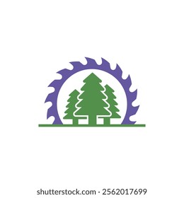 A circular saw blade and trees. Vector logo and icon with sawblade. 