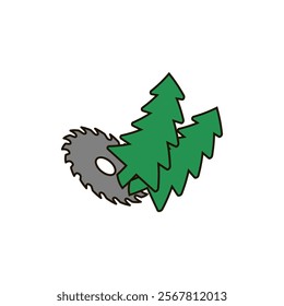 A circular saw blade and trees. Vector logo and icon with sawblade. 