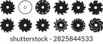 Circular saw blade vector collection featuring cutting discs, woodworking tools, industrial machinery parts and sharp toothed metal blade symbols