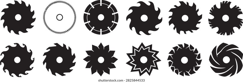 Circular saw blade vector collection featuring cutting discs, woodworking tools, industrial machinery parts and sharp toothed metal blade symbols