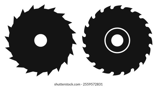 Circular saw blade vector icon set isolated on white background. Simple flat illustrations of sharp rotating disks, metal industry web pictograms.