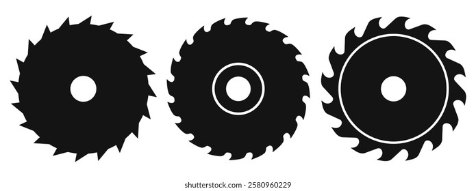 Circular saw blade vector icon set isolated on white background. Simple black shape of round cutting wheel. Steel sharp rotating disk for metal or wood works.