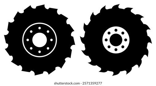 Circular saw blade vector icons isolated on white background. Simple flat illustration of sharp rotating disks for metal or wood cutting. Industrial equipment symbols of two round steel saw blades.