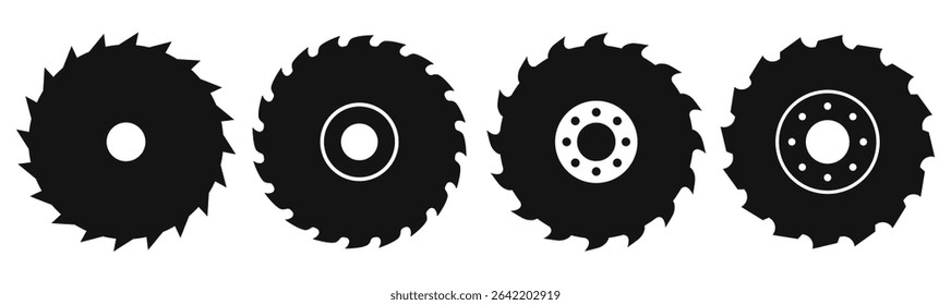 Circular saw blade vector icons set isolated on white background. Electric work tools for metal and woodworking, rotating machine parts, web buttons of round edgy disc.