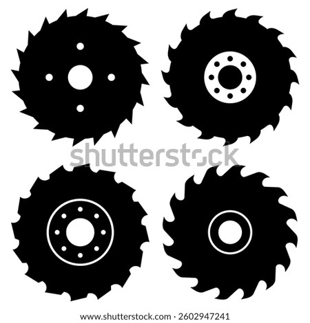Circular saw blade vector icons set isolated on white background. Simple flat illustrations of industrial work tools for metal cutting, rotating round wheels black shapes.