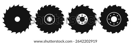 Circular saw blade vector icons set isolated on white background. Electric work tools for metal and woodworking, rotating machine parts, web buttons of round edgy disc.