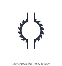 Uma lâmina de serra circular. Modelo do logotipo do vetor com duas meias lâminas de serra. Ilustração isolada sobre fundo branco.