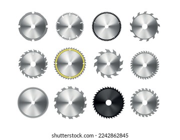 Hojas de sierra circulares hardware de construcción de carpintería mecánica conjunto de ilustración vectorial realista. Instrumento de rotación de zumbido de acero industrial máquina de dispositivos afilados equipo de rotación de metal rotatorio peligroso