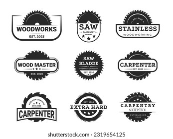 Circular saw carpentry logo. Industrial saw blade silhouettes for logo design, carpentry professional service and cutting wood equipment symbol. Vector isolated. Illustration of industry woodwork logo