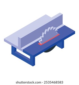 Circular saw cutting wood processing machine for carpenter working with timber plank in isometric view