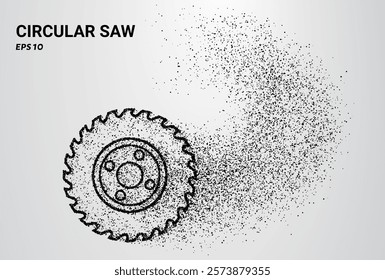 A circular saw depicted with small circles and dots, with particles swirling around it. Vector illustration.