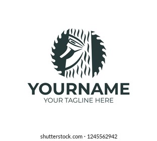 Circular saw disc, lumberjack chopping tree with an ax, logo design. Joinery, construction, carpenter, woodworking and carpentry, vector design and illustration