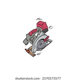 Circular saw drawing in cartoon comic style. Vector illustration art.