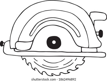 Kreissäge von Händen im Stil von Doodle gezeichnet. Ein Werkzeug zum Arbeiten mit Holz. Vektorgrafik