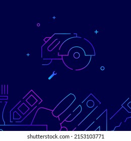 Circular saw, grinder gradient line vector icon, simple illustration on a dark blue background, Working tools, handycraft, home renovation related bottom border.