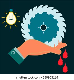 Circular saw in his hand, drops of blood. The wound is in a dark room with light bulb. Industrial security, occupational accident.