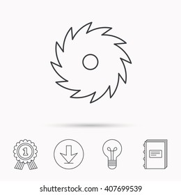 Circular saw icon. Cutting disk sign. Woodworking sawblade symbol. Download arrow, lamp, learn book and award medal icons.