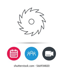 Circular saw icon. Cutting disk sign. Woodworking sawblade symbol. Group of people, video cam and calendar icons. Vector