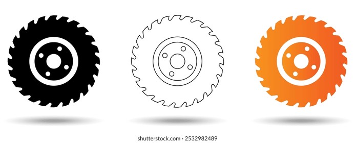 Ícone de serra circular. Ícone de serra circular em um fundo branco, isolado. O ícone tem três usos em aplicativos e sites. Ilustração vetorial. Ícone de serra circular em um fundo branco.